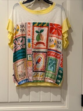 Democracy Multicolor Tropical Papaya Print Top with Yellow Accents